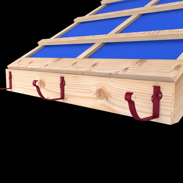 Mehrere kirschrote Konsolrinnenhalter aus Stahl an einer Holzkonstruktion, Montagebeispiel am Dach