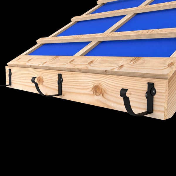 Zwei Konsolrinnenhalter aus tiefschwarzem Stahl an einer Holzkonstruktion unter einem Dach