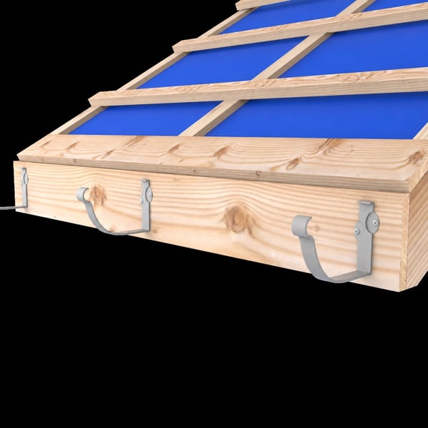 Zwei Konsolrinnenhalter in Graualuminium RAL 9007 an einer Holzkonstruktion montiert