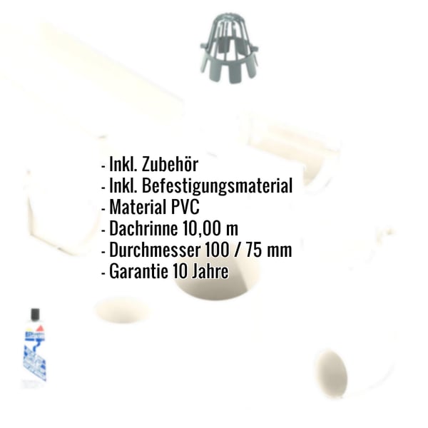 Infografik: Kunststoff Dachrinnen Sparpaket mit eingeblendeten Eckdaten wie Material PVC, 10 m Dachrinne, 10 Jahre Garantie