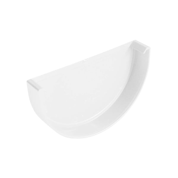 Weiße PVC Dachrinnen Endkappe von Plastmo, halbrunde Form, freigestellt auf weißem Hintergrund