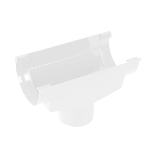 Weißer PVC Dachrinnen Ablaufstutzen von Plastmo, halbrunde Form oben, rund unten, freigestellt auf weißem Hintergrund
