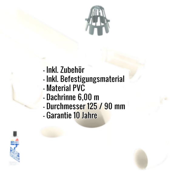 Infografik: Eckdaten des weißen PVC Dachrinnen Sparpakets mit Zubehör und Befestigungsmaterial
