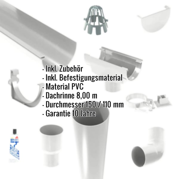 Graues PVC Dachrinnen Sparpaket mit Zubehoer und eingeblendeten Eckdaten