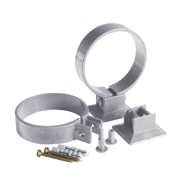 Graue PVC Fallrohrschellen mit Schrauben und Duebeln
