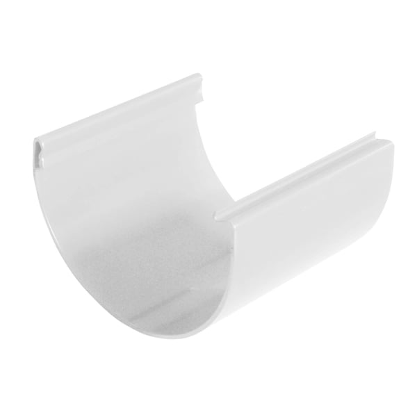 Weiße PVC Dachrinnen Muffe, halbrunde Form mit seitlichen Befestigungsrändern