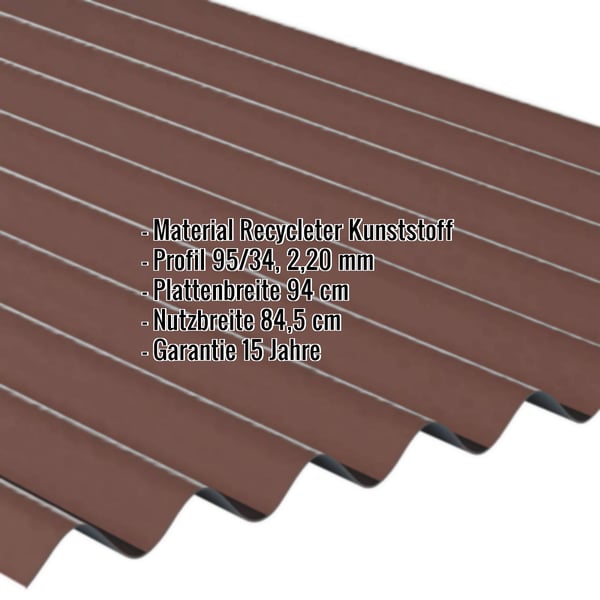 Braune ReWell Kunststoff Profilplatte 94/34 mit eingeblendeten Eckdaten Material, Profil, Plattenbreite, Nutzbreite, Garantie