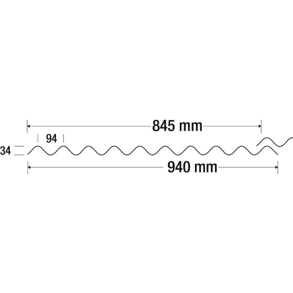 Technische Zeichnung der ReWell Profilplatte 94/34 mit Massangaben 94 mm, 34 mm, 845 mm, 940 mm