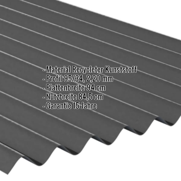 Kunststoff Profilplatte ReWell 94/34, schwarz, mit eingeblendeten Eckdaten zu Material, Profil, Breite und Garantie