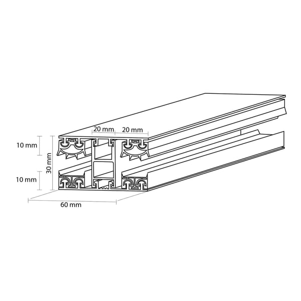 Mendiger Mittelprofil 10 mm Thermo/Classic, technische Zeichnung mit Massen 10 mm, 20 mm, 30 mm, 60 mm