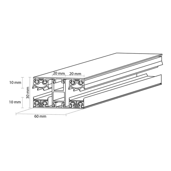 Technische Zeichnung Mendiger Mittelprofil 10 mm mit Massangaben 10 mm, 20 mm, 30 mm, 60 mm