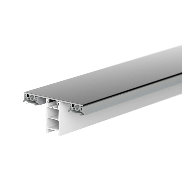 Mendiger Mittelprofil aus dunkelgrauem Aluminium und weissem Kunststoff, schraeg von oben