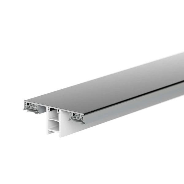 Mendiger Mittelprofil aus dunkelgrauem Aluminium und weissem Kunststoff, Schnittansicht