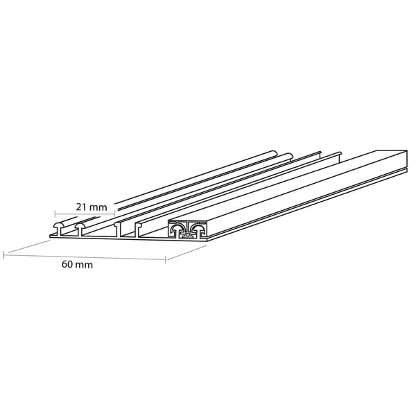Technische Zeichnung Mendiger Rand-Unterprofil Aluminium blank mit Massen 21 mm und 60 mm