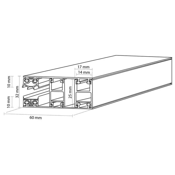 Mendiger Randprofil 10 mm, technische Zeichnung mit Massen 60 mm, 32 mm, 25 mm, 17 mm, 14 mm