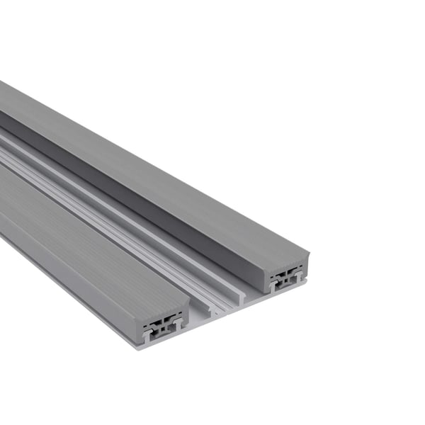 Mendiger Unterprofil aus blankem Aluminium, Hauptansicht mit zwei parallelen Profilschienen und Befestigungsnut