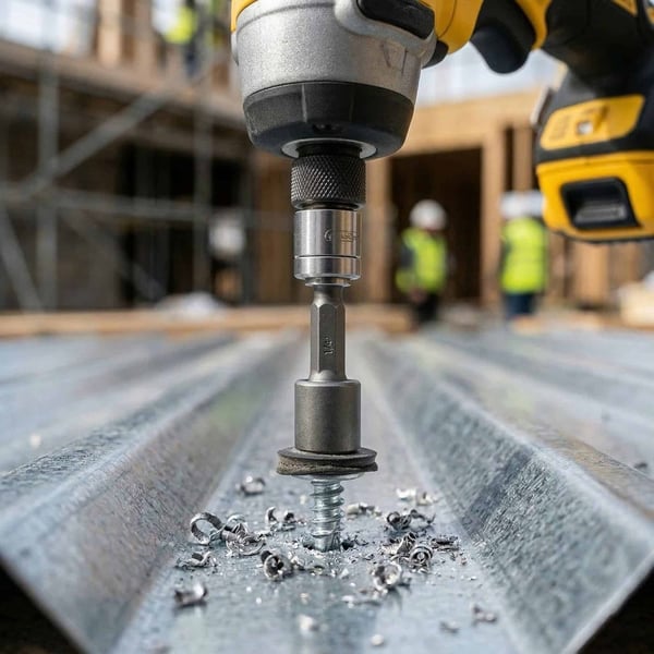 Metallschrauberklinge in Bohrmaschine befestigt, Schraube wird in Trapezblech gebohrt