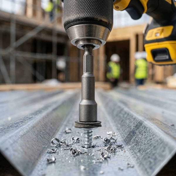 Metallschrauberklinge in Bohrmaschine, beim Eindrehen einer Schraube in ein Trapezblech