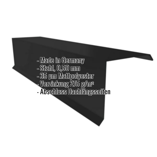 Ortgangwinkel Stahl 0,50 mm Schwarz, mit eingeblendeten Produktdaten wie Material und Beschichtung