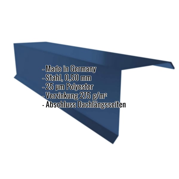 Ortgangwinkel aus Stahl, Enzianblau RAL 5010, 0,50 mm, mit eingeblendeten Eckdaten