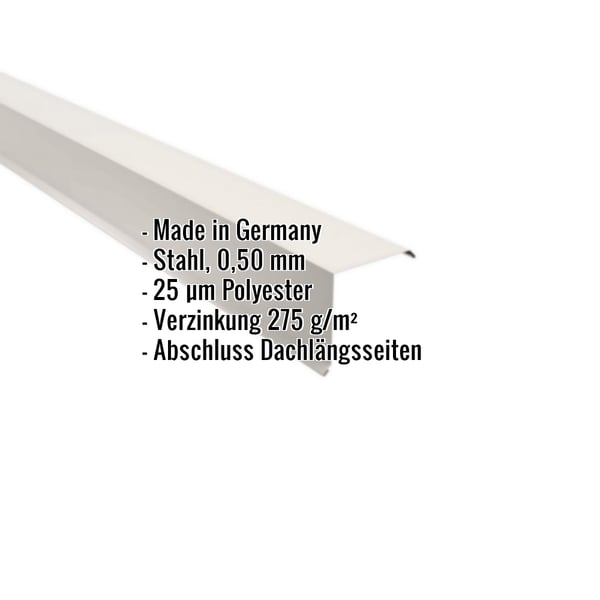 Ortgangwinkel aus Stahl, Reinweiß RAL 9010, mit eingeblendeten Eckdaten zu Material und Beschichtung