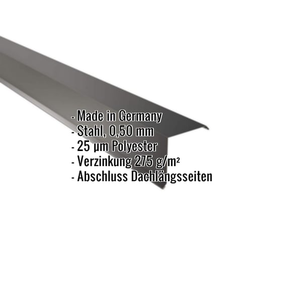 Ortgangwinkel Tiefschwarz RAL 9005 aus Stahl 0,50 mm, Polyester 25 µm beschichtet, mit eingeblendeten Eckdaten