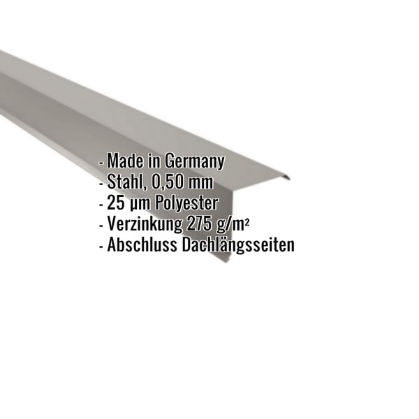 Ortgangwinkel Graualuminium 0,50 mm, Stahl, 25 µm Polyester Beschichtung, mit eingeblendeten Eckdaten