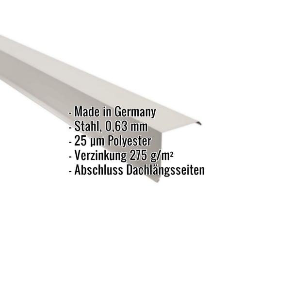 Ortgangwinkel Grauweiß RAL 9002 aus Stahl 0,63 mm mit Polyesterbeschichtung, Eckdaten eingeblendet