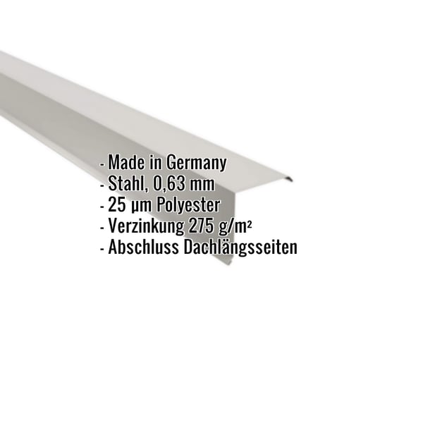 Ortgangwinkel Weißaluminium (RAL 9006) aus Stahl 0,63 mm, 25 µm Polyesterbeschichtung, mit eingeblendeten Eckdaten