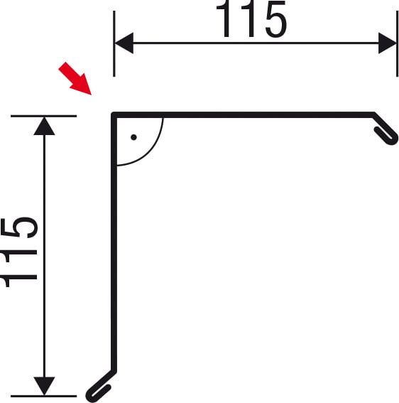 Technische Zeichnung des Ortgangwinkels mit Massangaben 115 mm x 115 mm