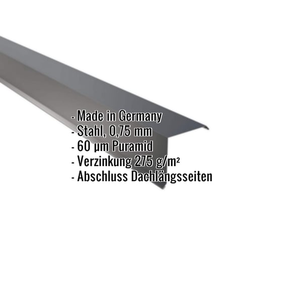 Ortgangwinkel aus anthrazitgrauem Stahl, 0,75 mm, 60 µm Puramid Beschichtung, mit eingeblendeten Eckdaten