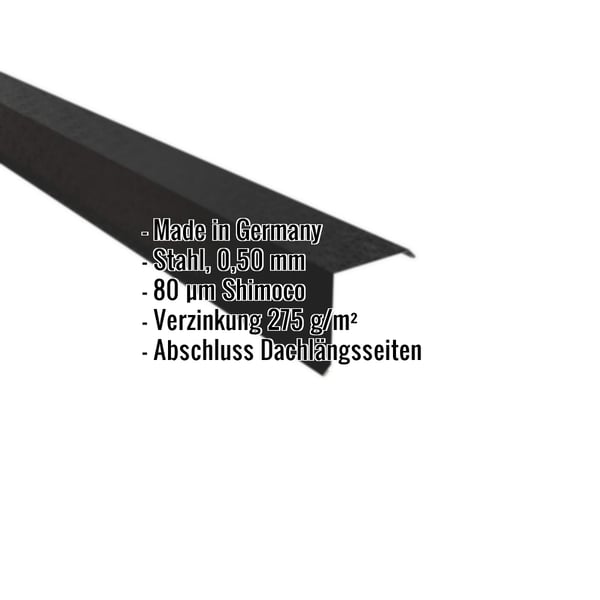 Ortgangwinkel Tiefschwarz RAL 9005 aus Stahl 0,50 mm, 80 µm Shimoco Beschichtung, mit eingeblendeten Eckdaten