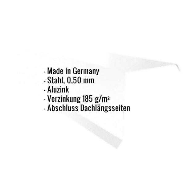 Infografik: Ortgangwinkel aus Stahl, 0,50 mm, Aluzink, mit eingeblendeten Eckdaten
