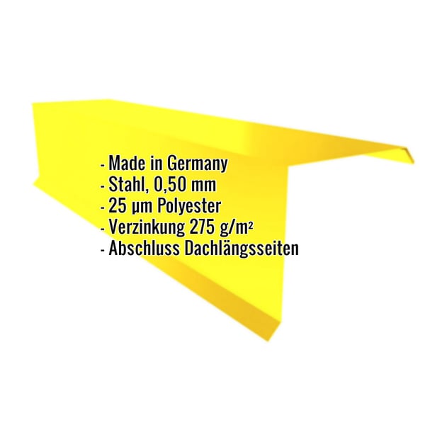 Ortgangwinkel aus Stahl, Rapsgelb RAL 1021, mit Polyesterbeschichtung und eingeblendeten Produktdaten
