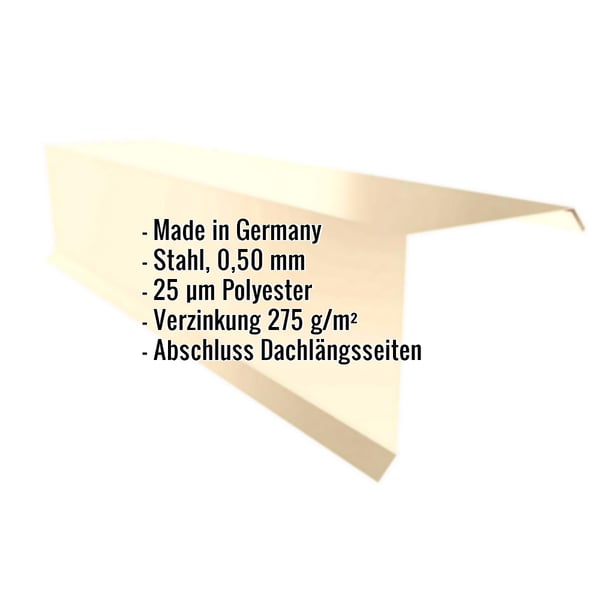 Ortgangwinkel aus hellelfenbein Stahl, 0,50 mm, mit Polyesterbeschichtung und eingeblendeten Eckdaten