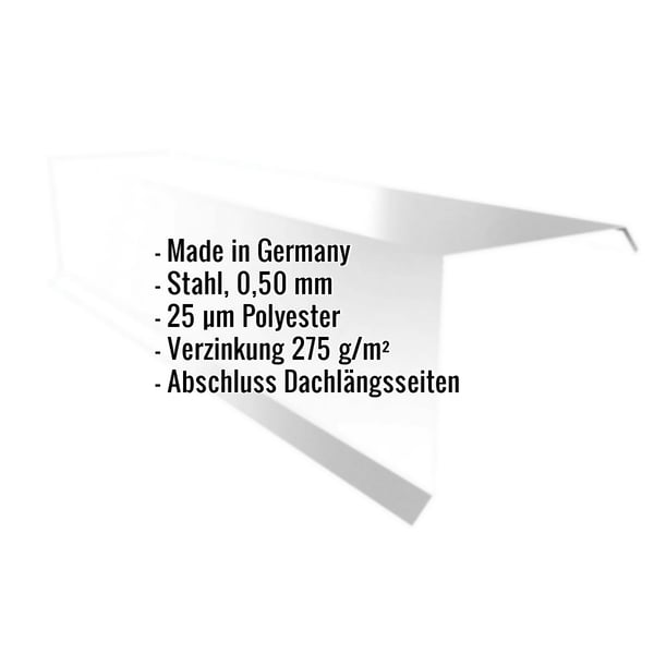 Ortgangwinkel Lichtgrau RAL 7035 mit eingeblendeten Eckdaten zu Material, Staerke und Beschichtung