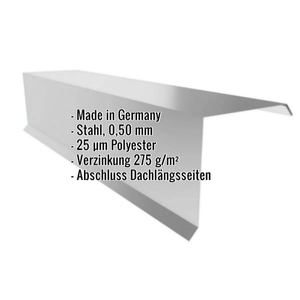 Ortgangwinkel Stahl 0,50 mm Weißaluminium RAL 9006 mit eingeblendeten Eckdaten