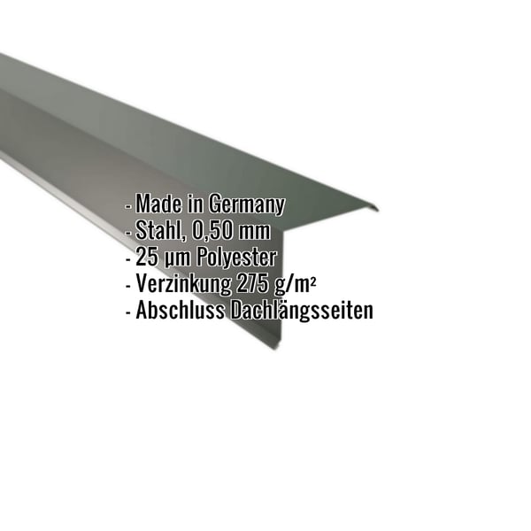 Ortgangwinkel Stahl Chromoxidgrün 0,50 mm, Eckdaten eingeblendet: Made in Germany, 25 µm Polyester, Verzinkung