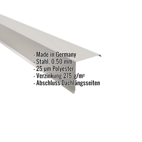 Ortgangwinkel aus Stahl, Lichtgrau (RAL 7035), 0,50 mm, mit eingeblendeten Eckdaten
