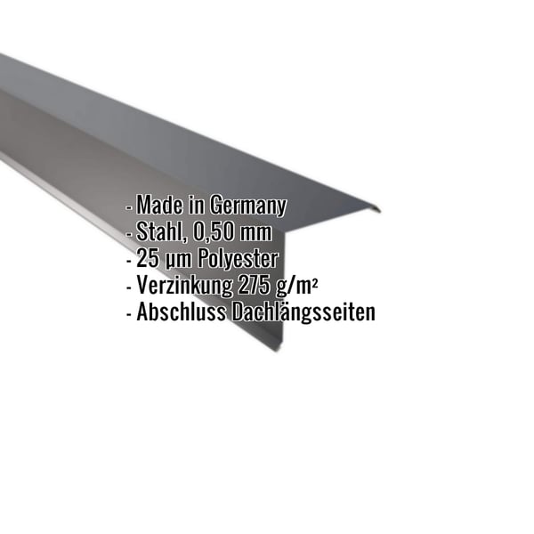 Ortgangwinkel Anthrazitgrau, 0,50 mm Stahl, 25 µm Polyesterbeschichtung, mit eingeblendeten Eckdaten