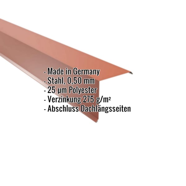 Ortgangwinkel Kupferbraun RAL 8004, Stahl 0,50 mm, Polyester 25 µm, mit eingeblendeten Eckdaten