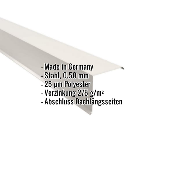 Ortgangwinkel Reinweiß (RAL 9010) aus 0,50 mm Stahl, Polyester beschichtet, mit eingeblendeten Eckdaten
