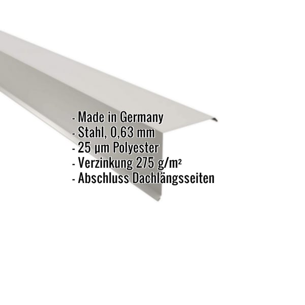 Ortgangwinkel aus Stahl 0,63 mm in Weißaluminium, mit eingeblendeten Eckdaten