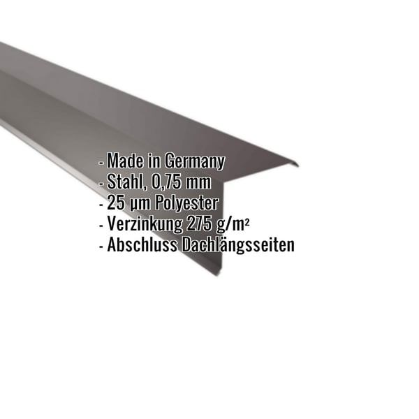 Ortgangwinkel Schokoladenbraun (RAL 8017) aus Stahl 0,75 mm mit 25 µm Polyesterbeschichtung, Eckdaten eingeblendet