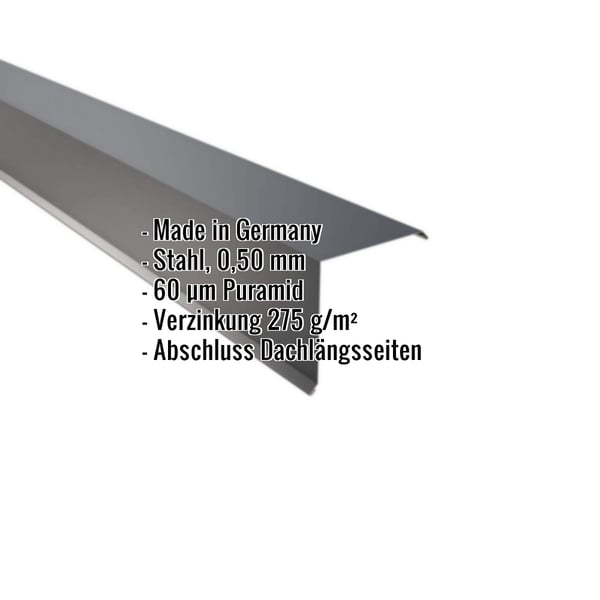 Ortgangwinkel Anthrazitgrau 0,50 mm Stahl Puramid, Eckdaten eingeblendet: Made in Germany, Verzinkung 275 g/m², Abschluss