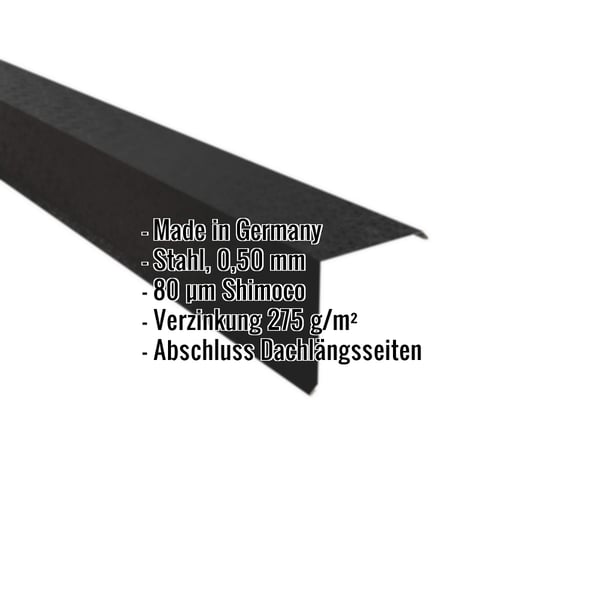 Ortgangwinkel aus Stahl, tiefschwarz, mit eingeblendeten Eckdaten zu Material und Beschichtung