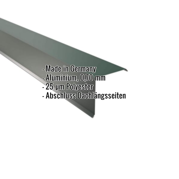 Ortgangwinkel Aluminium moosgrün, 0,70 mm Stärke, mit Polyesterbeschichtung und Eckdaten-Einblendung
