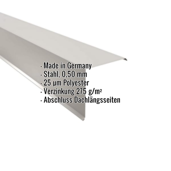 Ortgangwinkel Lichtgrau RAL 7035 aus Stahl 0,50 mm mit 25 µm Polyesterbeschichtung, Eckdaten eingeblendet