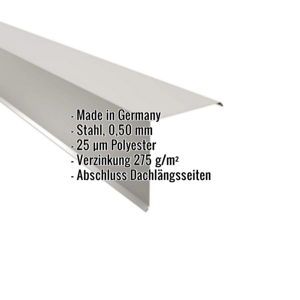 Ortgangwinkel Weißaluminium (RAL 9006) aus Stahl 0,50 mm mit 25 µm Polyesterbeschichtung, Eckdaten eingeblendet