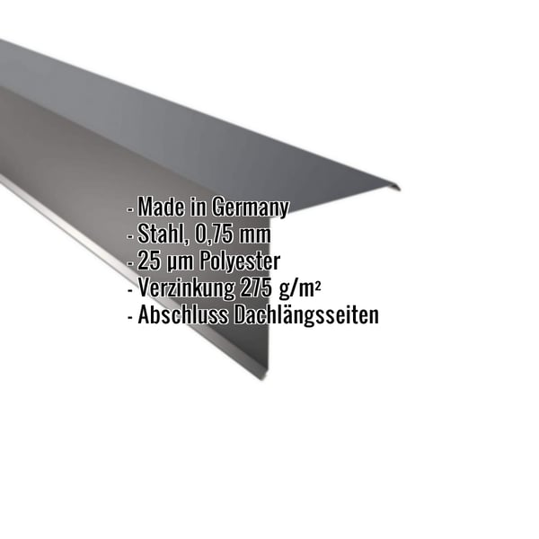 Ortgangwinkel anthrazitgrau, Stahl 0,75 mm, 25 µm Polyester, mit eingeblendeten Eckdaten